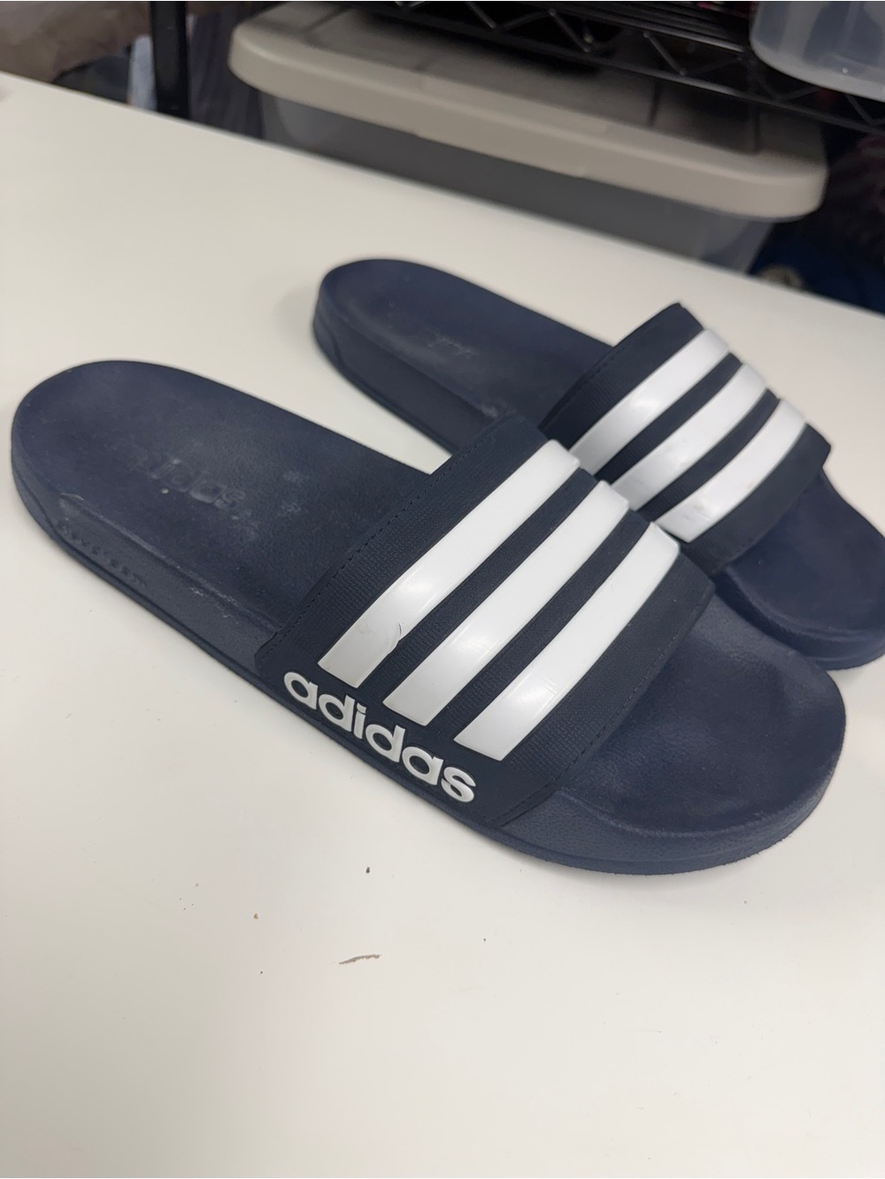 adidas Navy Slide Sandals with White Stripes